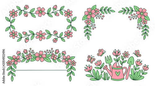 Hand drawn floral borders and gardening elements set