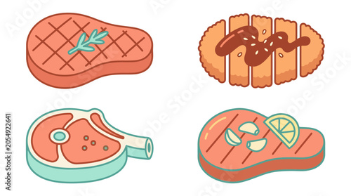 A collection of various grilled meat steak icons on white background