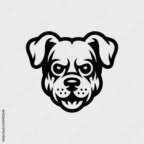 A black and white graphic illustration of a fierce dog head