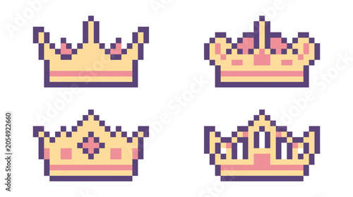 Four golden pixel art crowns isolated on a white background
