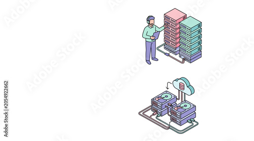 An engineer manages digital data servers in a modern office