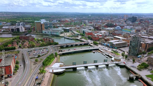 Aerial view of Belfast’s skyline and the River Lagan in Northern Ireland