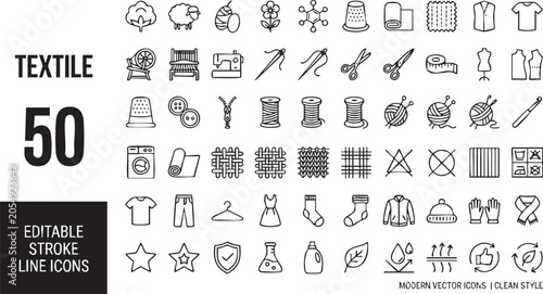 Принти на полотні Collection of 50 textile editable stroke line icons in modern vector style