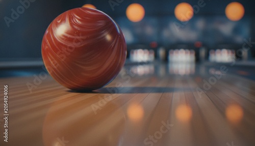 Fotografie A close-up shot of a red marbled bowling ball resting on a polished wooden alley lane in a bowling alley, with out-of-focus pins in the background