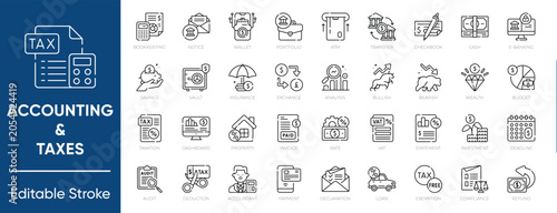 Accounting and Taxes icon set. Features editable icons for tax, refund, income, accountant, form, return, paying, irs