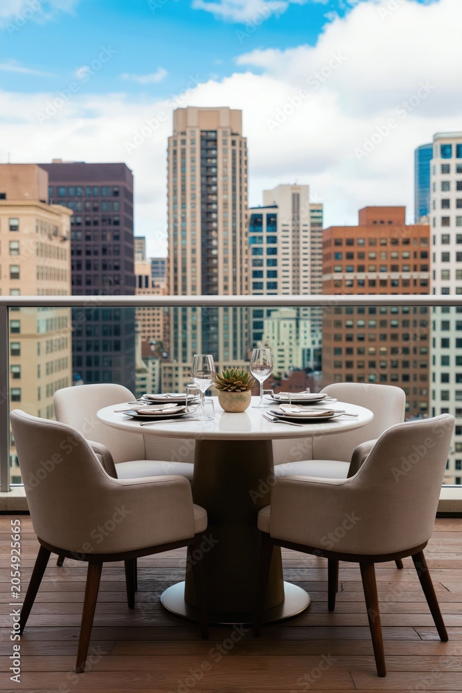 Naklejka premium Round table with chairs set for meal on balcony overlooking city skyscrapers. Outdoor dining area ready for guests. Modern urban cafe terrace ambiance.