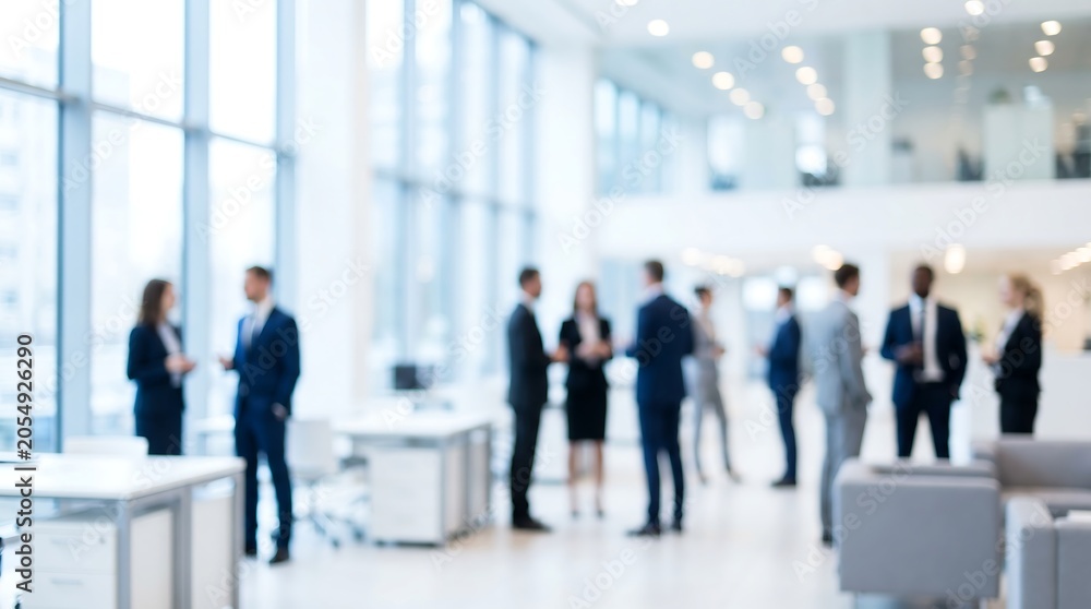 Fototapeta premium Blurred group of business professionals standing and networking in a bright corporate lobby with a glass facade and modern interior design during a business event