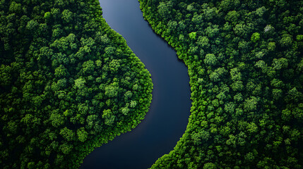 Aerial view of a winding river flowing through a lush green dense forest