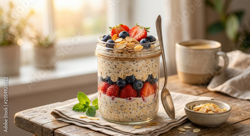 Overnight oats with fresh berries and almonds in a glass jar