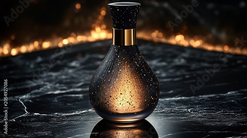 Perfume Bottle with Water Droplets on Black Marble Surface at Night