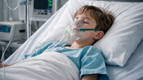Sick child resting in hospital bed with oxygen mask receiving medical care and treatment support
