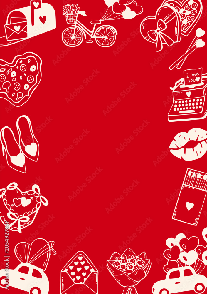 Naklejka premium Romantic template. Wedding and valentines day card with wedding essentials in red and beige colors. Party celebration and marriage graphic outline in sketch style. Vector doodle postcard illustration