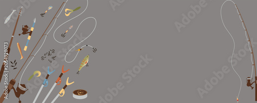 Canvas Print Creative vector illustration of a wide horizontal banner featuring various fishing rods hooks lures and lines on a dark background with empty space for your text