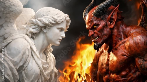 Angel and demon facing each other beside fire symbolizing good evil conflict and spiritual choice