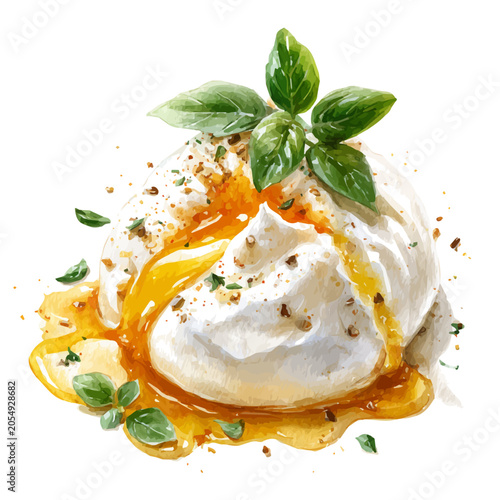 Fotografie Burrata watercolor vector, hand-painted style, high-quality illustration isolated on white background