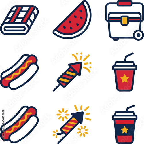 Summer BBQ celebration with hot dogs, watermelon, cooler, firework, and soda