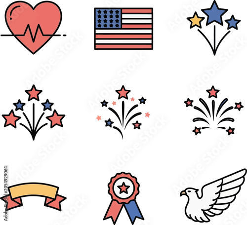 Patriotic icons celebrate American independence with heart, flag, fireworks, ribbons, and doves.