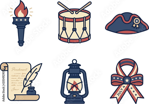 Patriotic symbols arranged on a table include a torch, drum, hat, parchment, lantern, and ribbon.