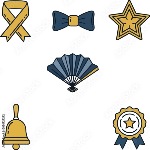 A colorful illustration of various decorative items including a ribbon, bow tie, star, fan, bell, and medal on a white background.