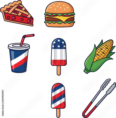 American food icons including pie, hamburger, soda, ice cream, and corn on a festive day