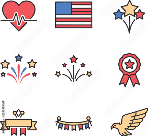 Patriotic icons featuring a heart, American flag, stars, fireworks, and an eagle are displayed.