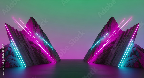 Vibrant neon lights illuminate futuristic mountain peaks in a surreal landscape