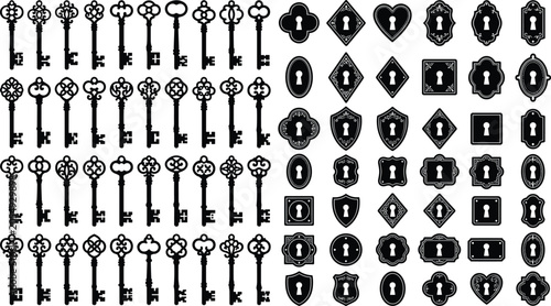Konstfotografi Vector illustration of antique keys and keyholes silhouettes representing crafts