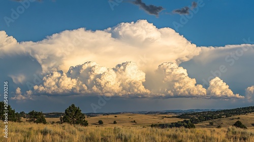 Cumulus Clouds over Dry Grassy Field at Sunset
