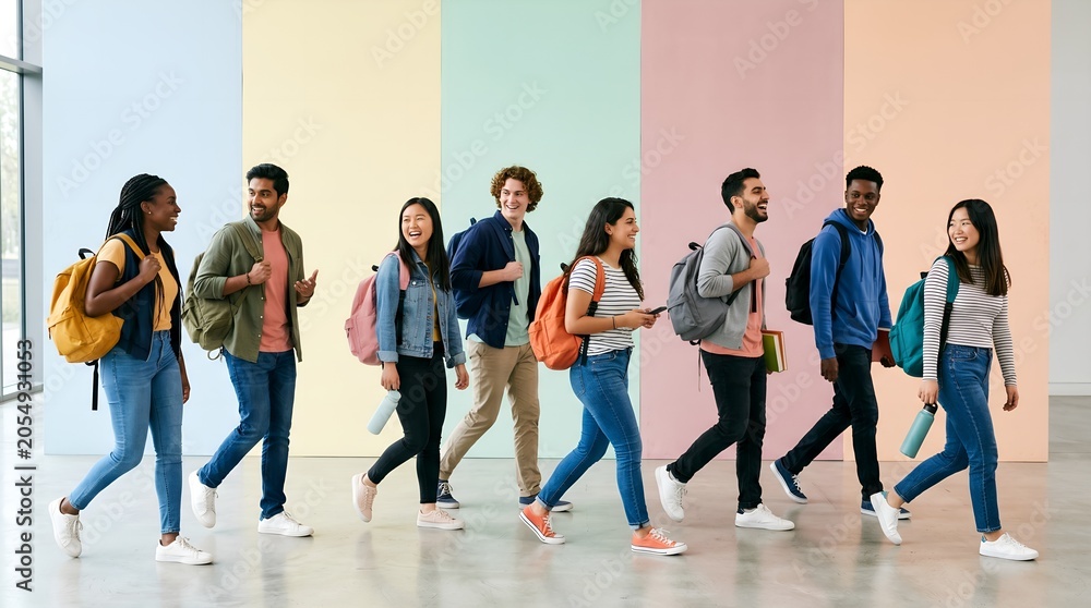 Obraz premium diverse group of students with backpacks, clean pastel background