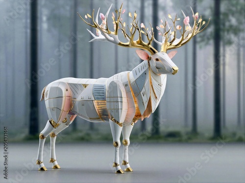 Creative design of a mechanical deer with golden antlers standing in a foggy forest setting during the daytime