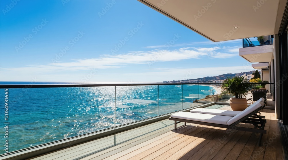 Naklejka premium Modern balcony with lounge chairs faces expansive ocean view. Sunny day seascape from luxury apartment shows distant coastline, blue water and clear sky. Perfect place for relaxation.