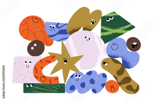 Geometric characters with different face expressions, emotions. Abstract shap...