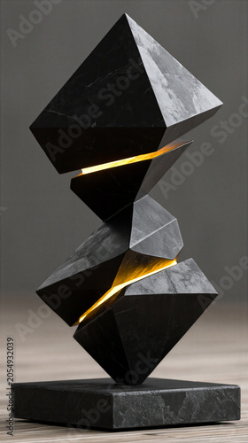 Modern sculpture made of black stone with warm light highlighting the angles in a creative indoor setting