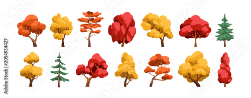 Fall trees set. Deciduous, coniferous forest plants with red, orange, yellow ...
