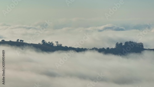 Billede på lærred Drone aerial capturing endless mist enveloping forest-covered mountains, symbolizing biodiversity protection, carbon storage, climate regulation, water cycles, and ecosystem balance