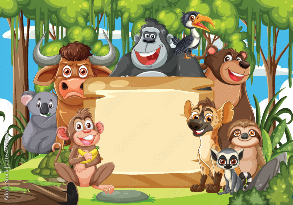 Fototapeta premium Group of Cartoon Jungle Animals Around Blank Wooden Sign