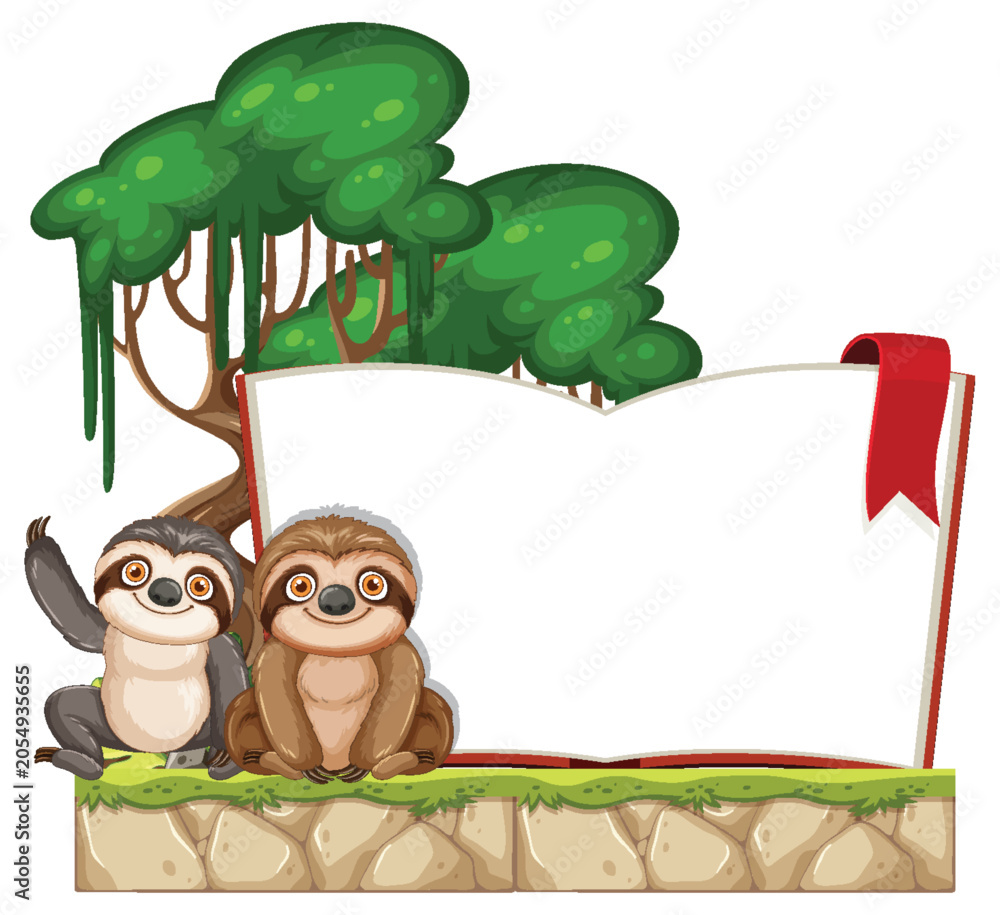 Obraz premium Two Cartoon Sloths Beside Open Book in Forest Setting