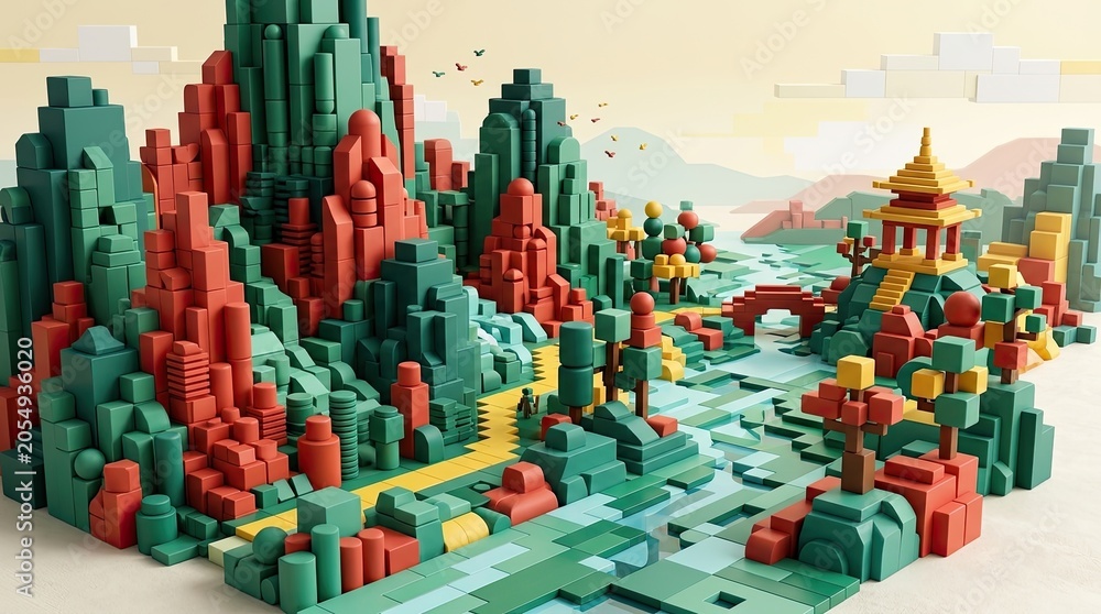 Naklejka premium Colorful Lego Style Pixel Art Landscape With Asian Temple and Mountainous Terrain