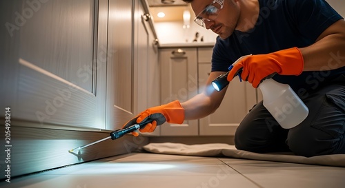 Professional exterminator inspecting and treating a home for pests.