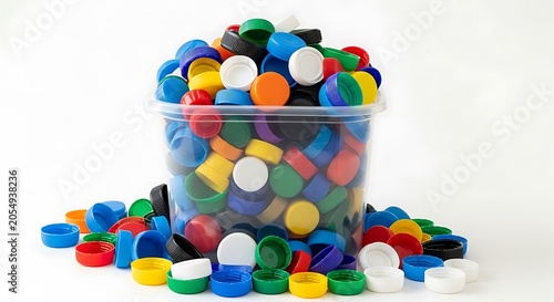 Colorful plastic bottle caps in clear container on white background