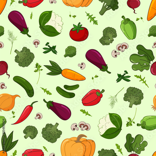 Seamless pattern, featuring various fresh, organic vegetables, including broccoli, eggplant, pepper, carrot, tomato, pumpkin, mushrooms, herbs, on light background, perfect for food packaging textile 