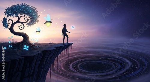 A lone figure stands on a cliff edge overlooking a serene body of water with glowing elements and a mystical tree at sunset.
