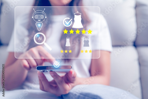 Картината върху платно Woman using a smartphone with AI fashion recommendation interface showing produc