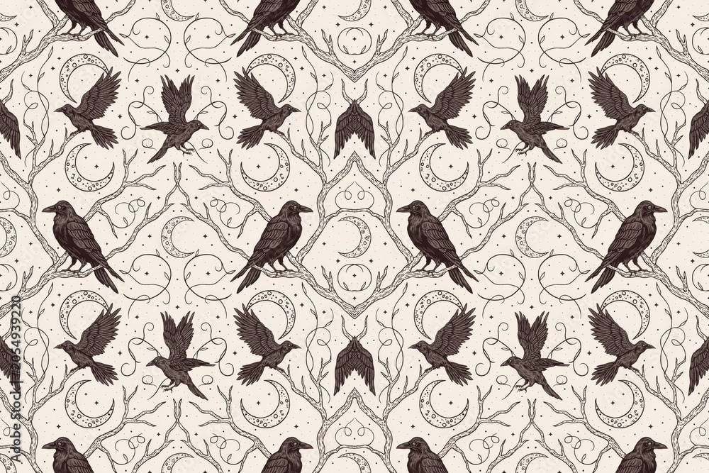 Obraz premium Seamless pattern featuring dark ravens perched on bare tree branches with crescent moons and celestial symbols on a light cream background