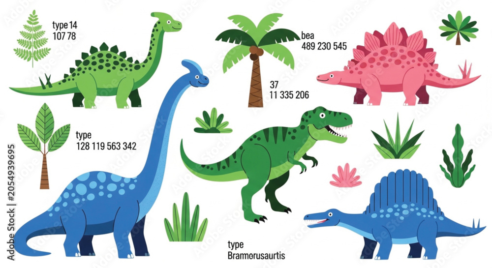 Fototapeta premium Cute cartoon dinosaur vector set with colorful flat t-rex stegosaurus brachiosaurus and prehistoric plant elements for kids nursery