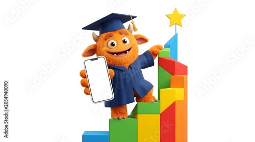 graduation monster mascot holding smartphone with blank white screen while climbing achievement chart