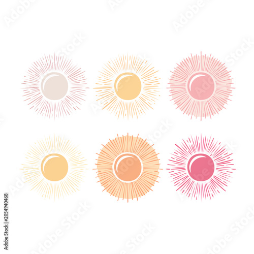 Set of six sunburst illustrations in pastel colors