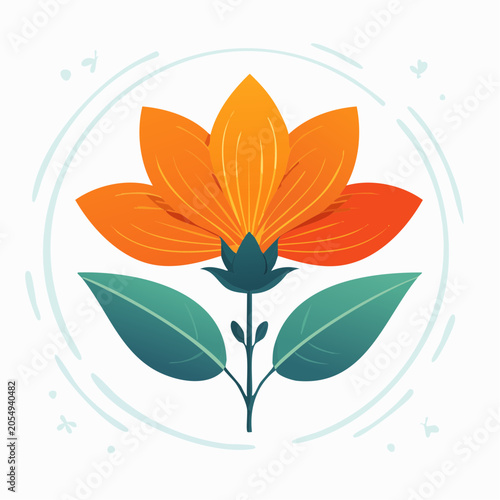 Stylized Orange Flower with Green Leaves
