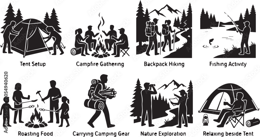 Fototapeta premium Outdoor camping activities illustrations with people hiking, fishing, roasting food, and setting up tent in nature