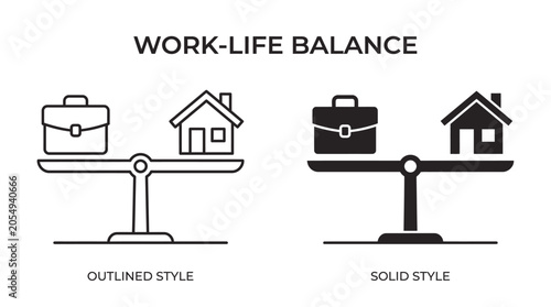 Outlined and solid balanced scales, briefcase and house icons, work‑life balance emphasized, harmony, equilibrium, professional and personal spheres aligned.